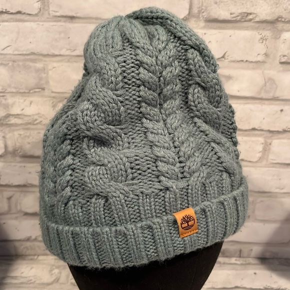 Timberland knit beanie hat winter cap sage green black faux fur lining warm ski - Picture 2 of 7